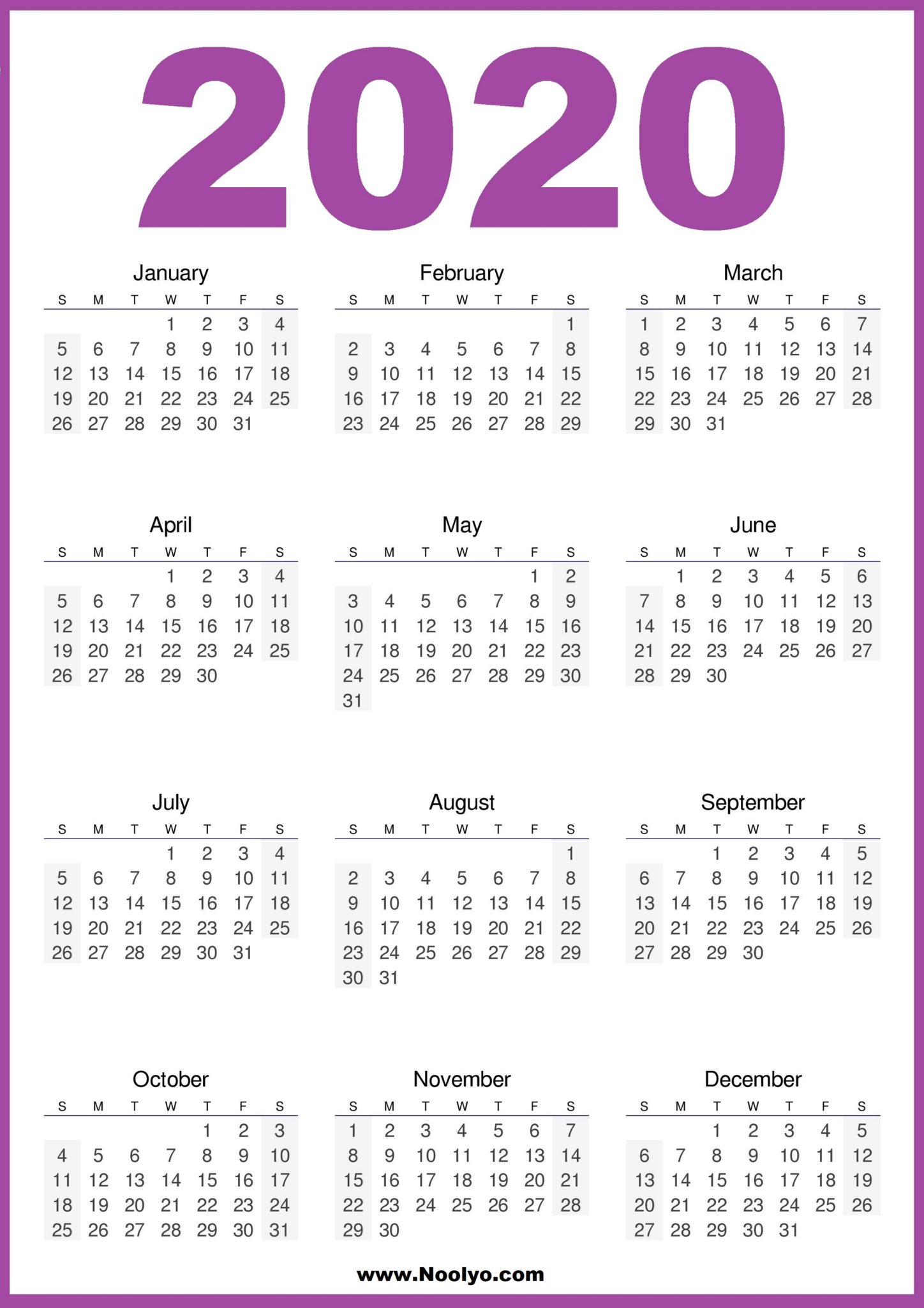 2020 Printable Calendar Blue and Purple - Noolyo.com Calendars Printable