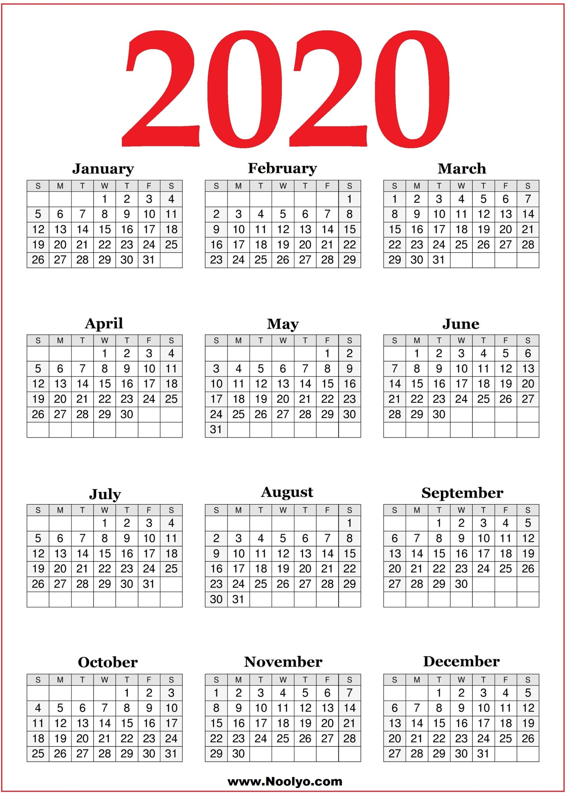 2020 Printable Year Calendars Red Black And White Noolyo