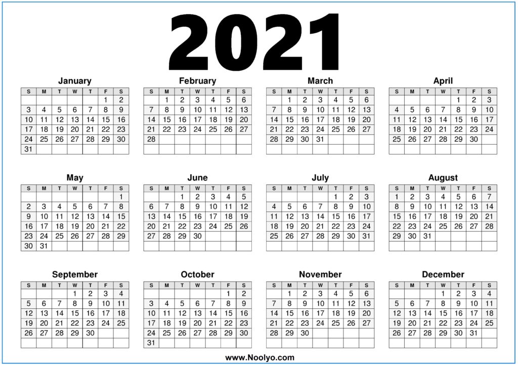 US 2021 Calendar - Printable One Page - Noolyo.com