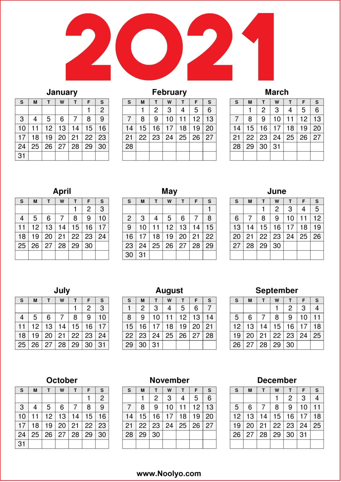 2021 Year Printable Calendar Red, Black and White