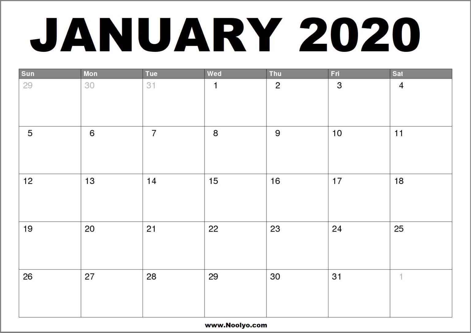 January 2020 Calendar Printable – Free Download – Noolyo.com