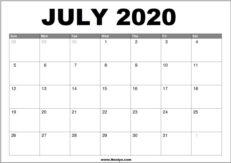 July 2020 Calendar Printable – Free Download – Noolyo.com