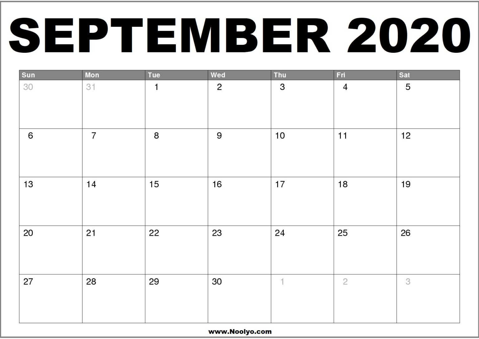 September 2020 Calendar Printable – Free Download – Noolyo.com