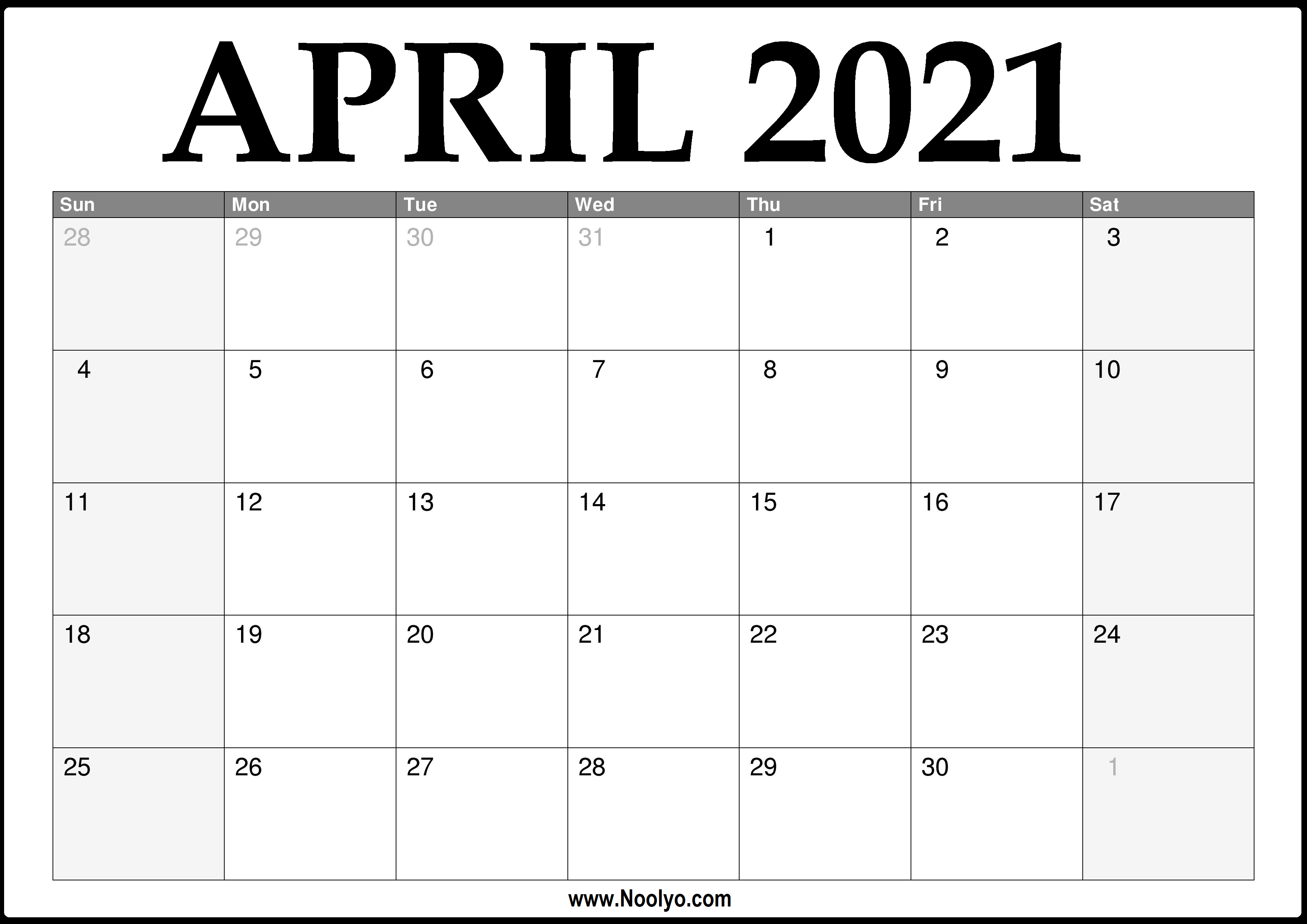 2021 April Calendar Printable - Download Free - Noolyo.com