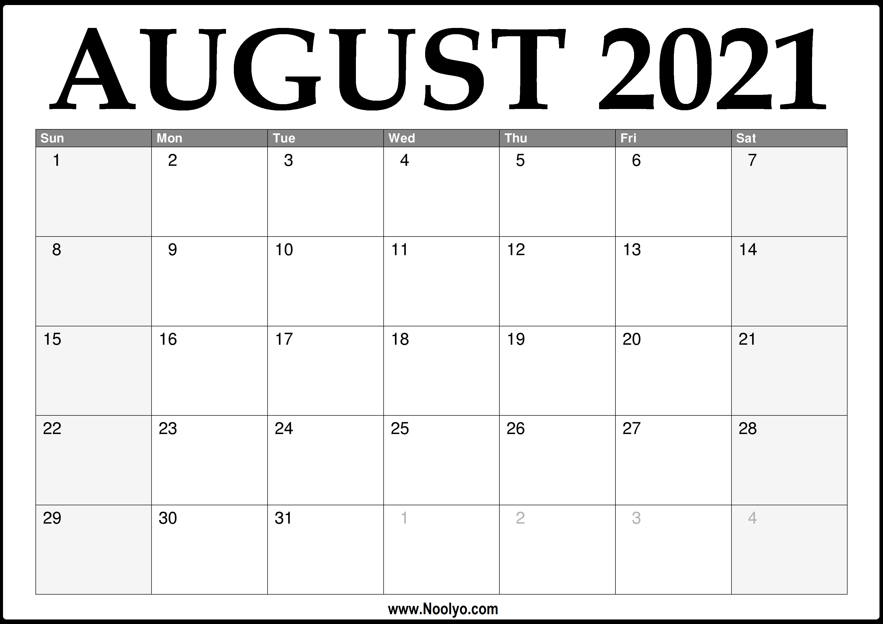 Printable August 2021 Calendar Blank Free Printable C