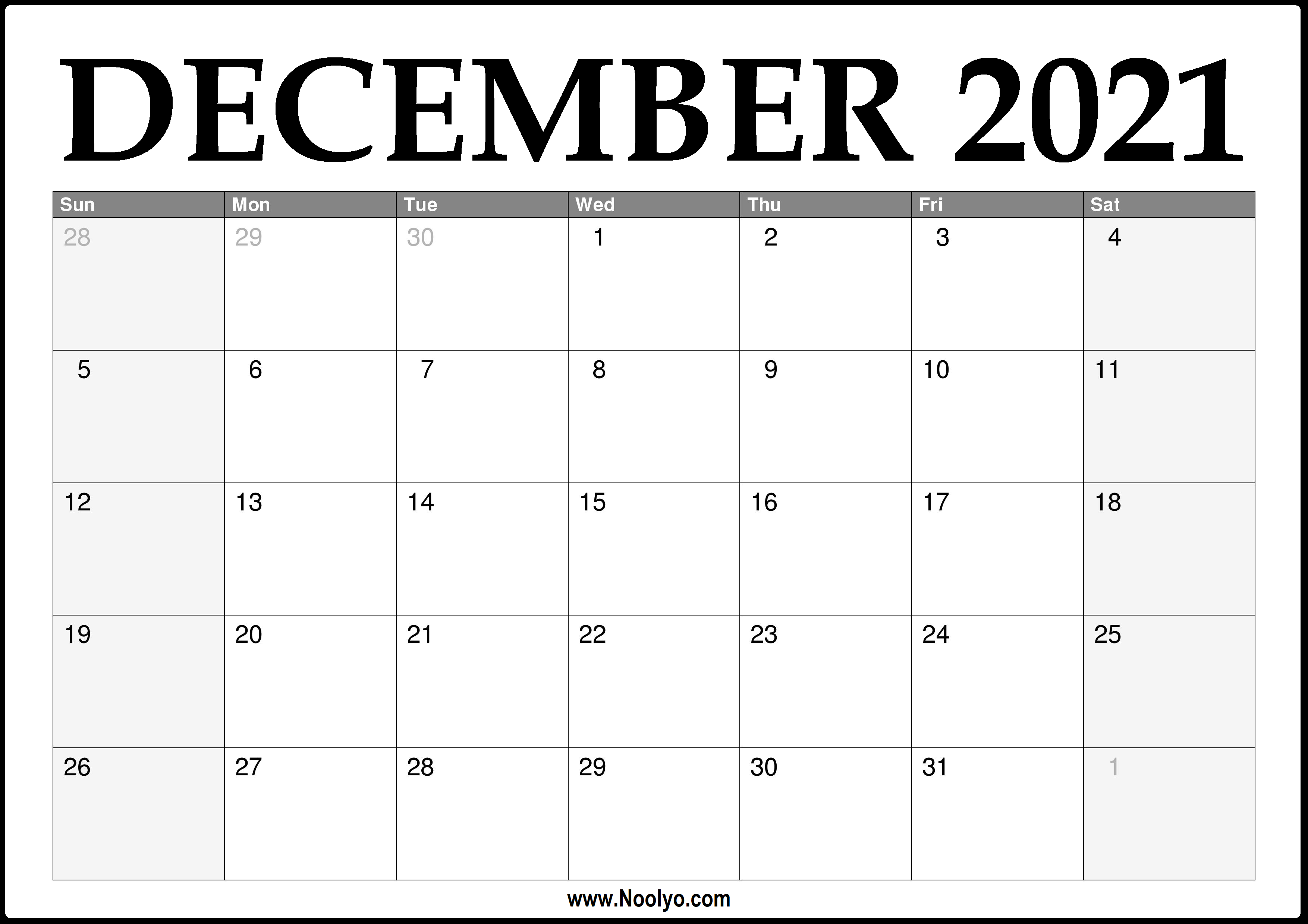 2021 December Calendar Printable Download Free