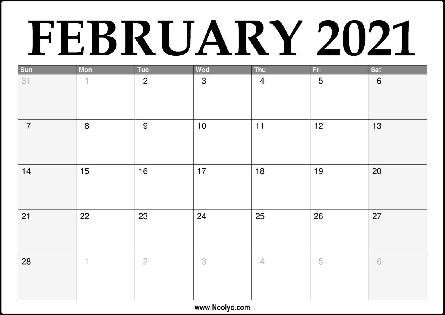 2021 February Calendar Printable Download Free