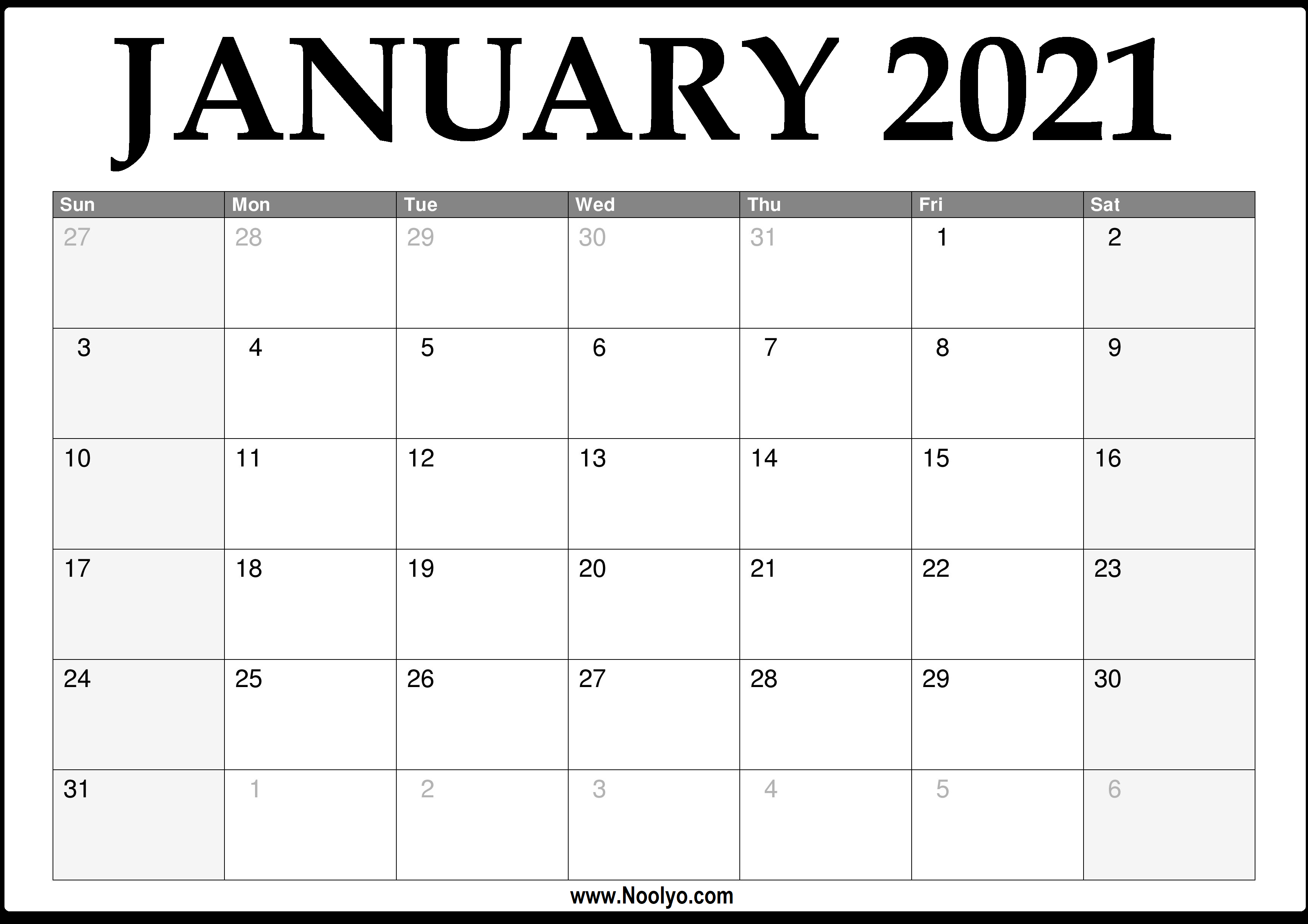 Monthly Calendar January 2021 Printable March