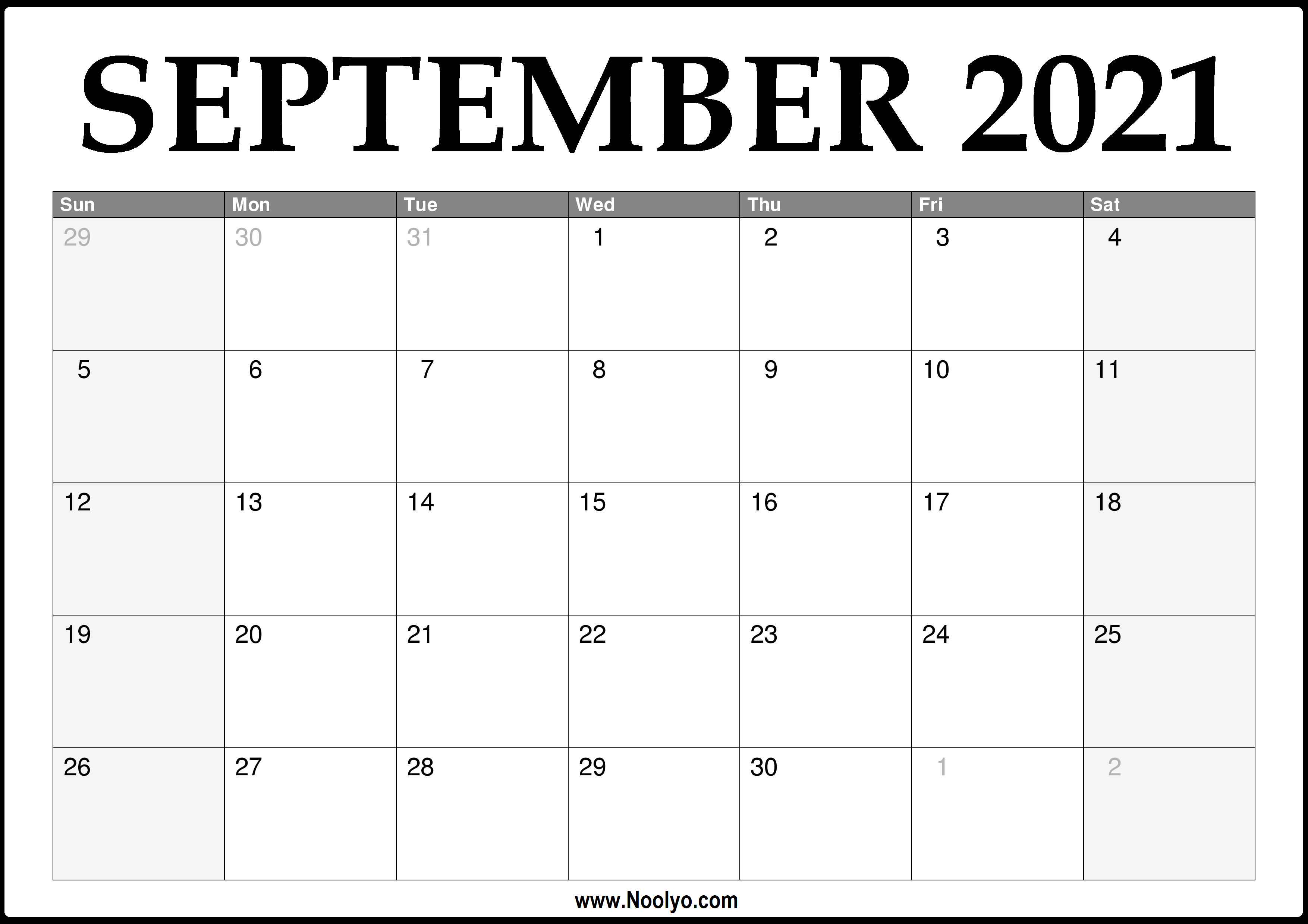 2021 September Calendar Printable - Download Free - Noolyo.com