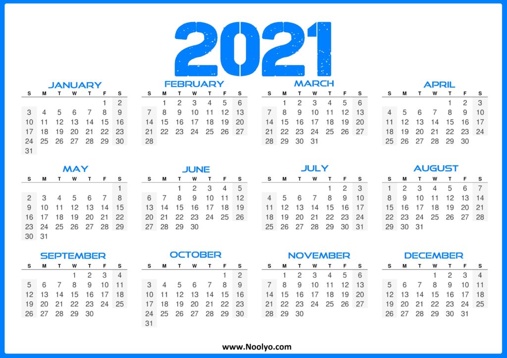US 2021 Calendar - Printable One Page - Noolyo.com