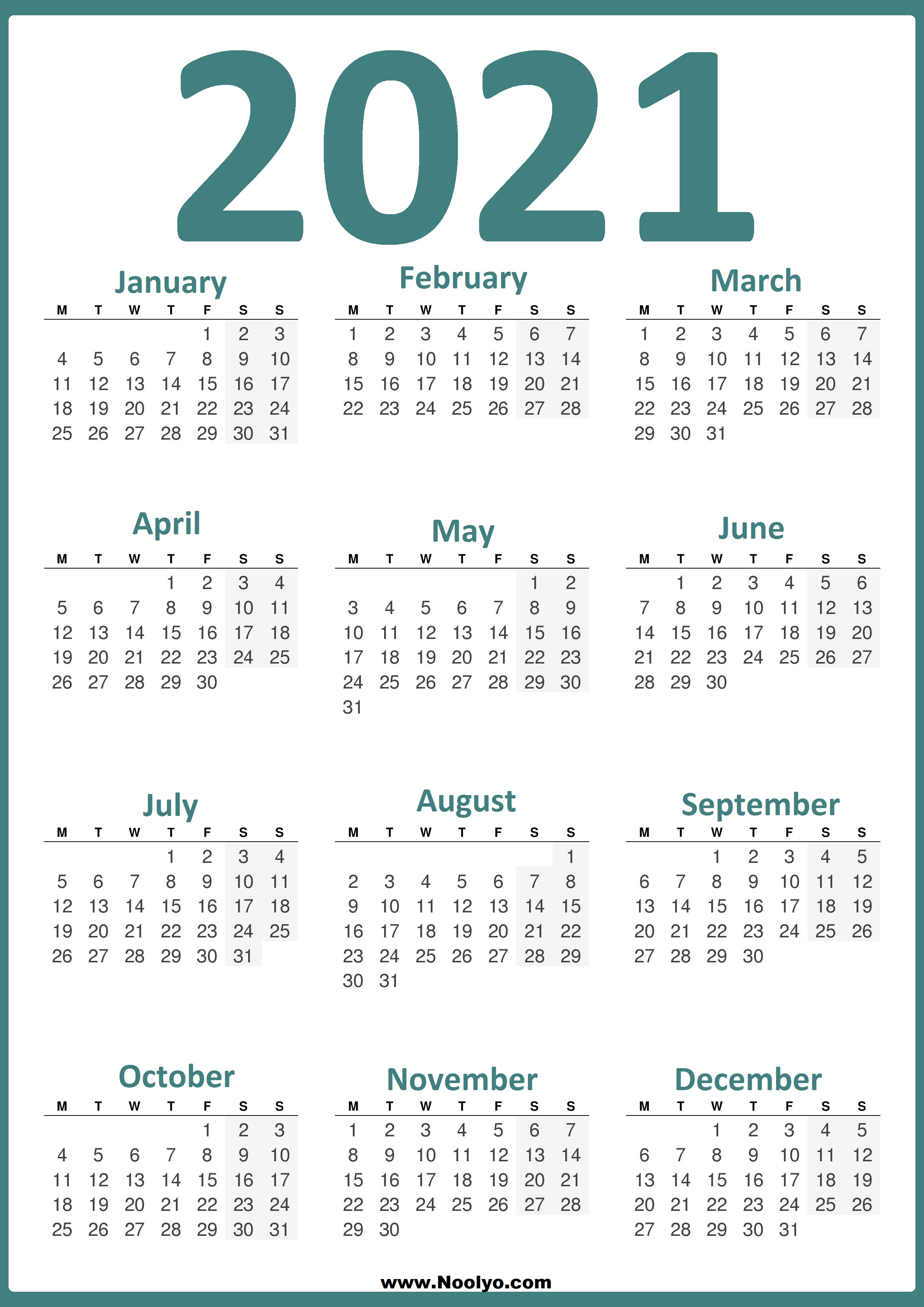 Printable 2021 Calendar Week Starts On Monday - Calendar Page