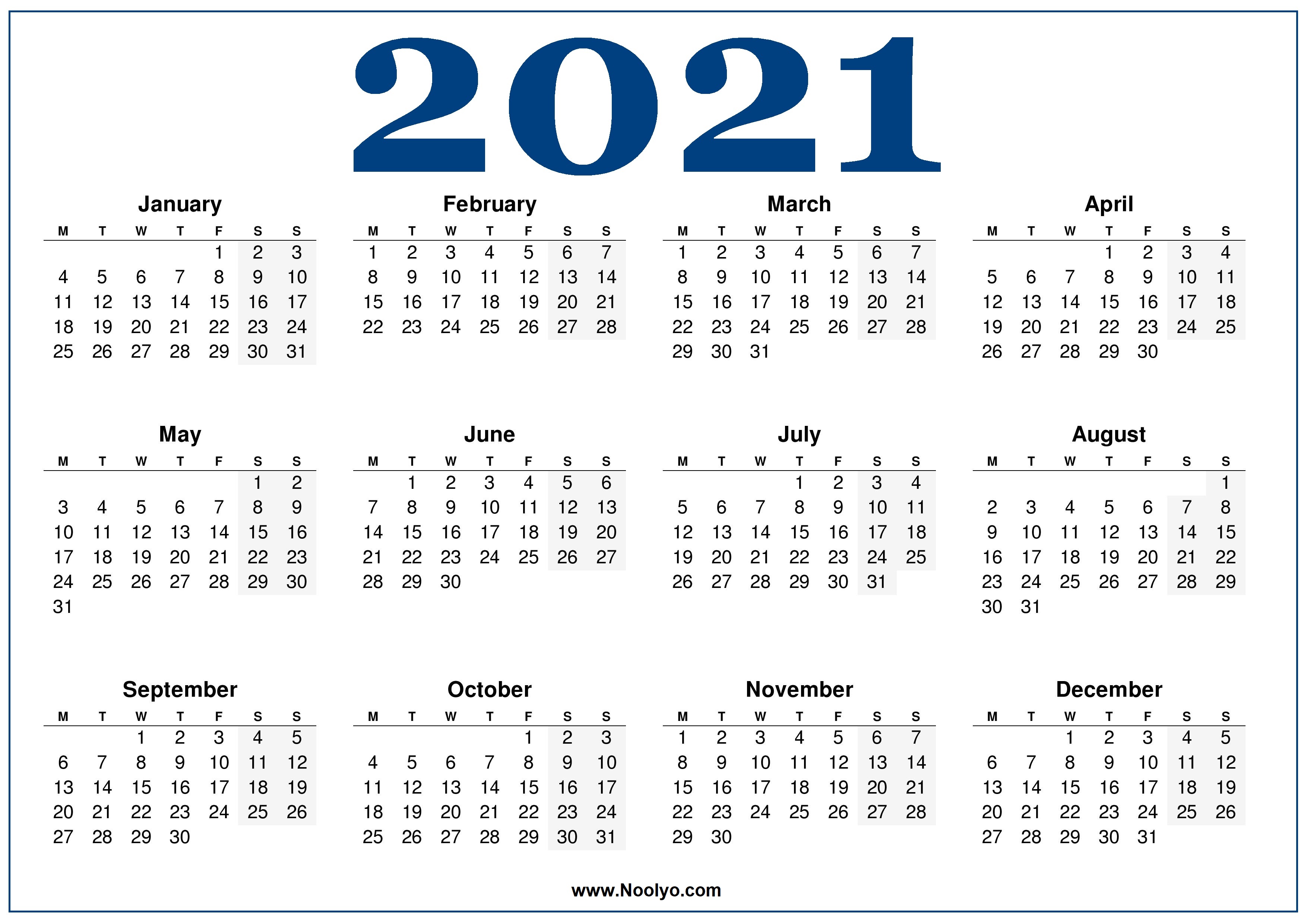 Monday week start Calendar 2021 Blue Noolyo com