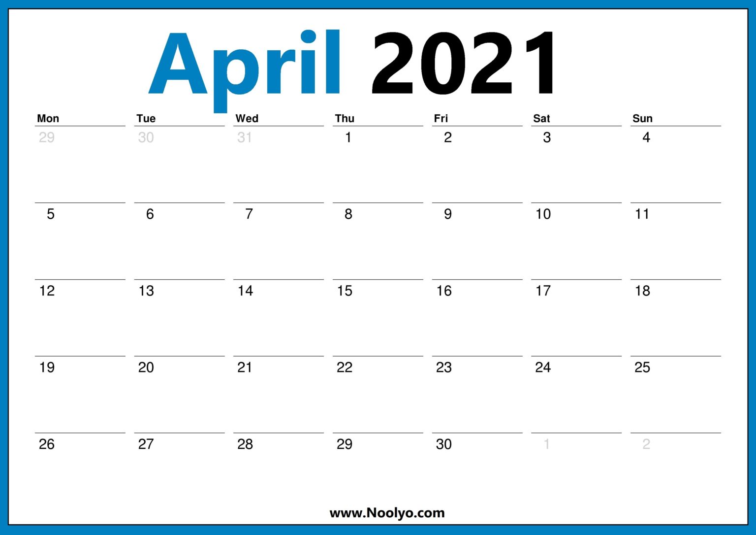 April 2021 Calendar Starts With Monday   Noolyocom