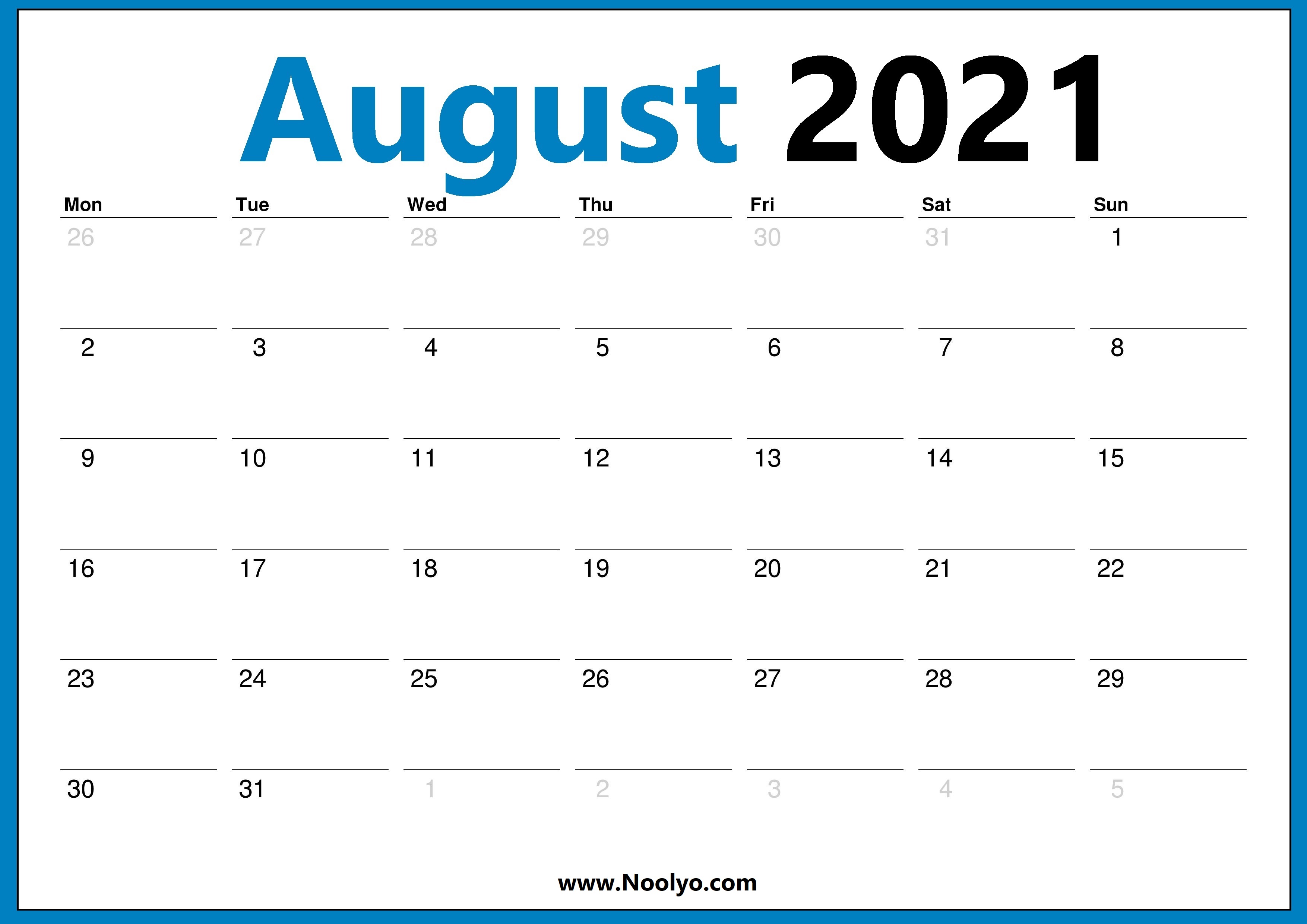 August 2021 Monday Start Calendar Printable - Noolyo.com