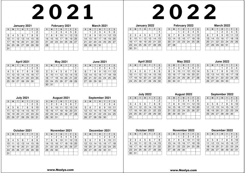 2021 and 2022 Calendar Printable Free - Noolyo.com