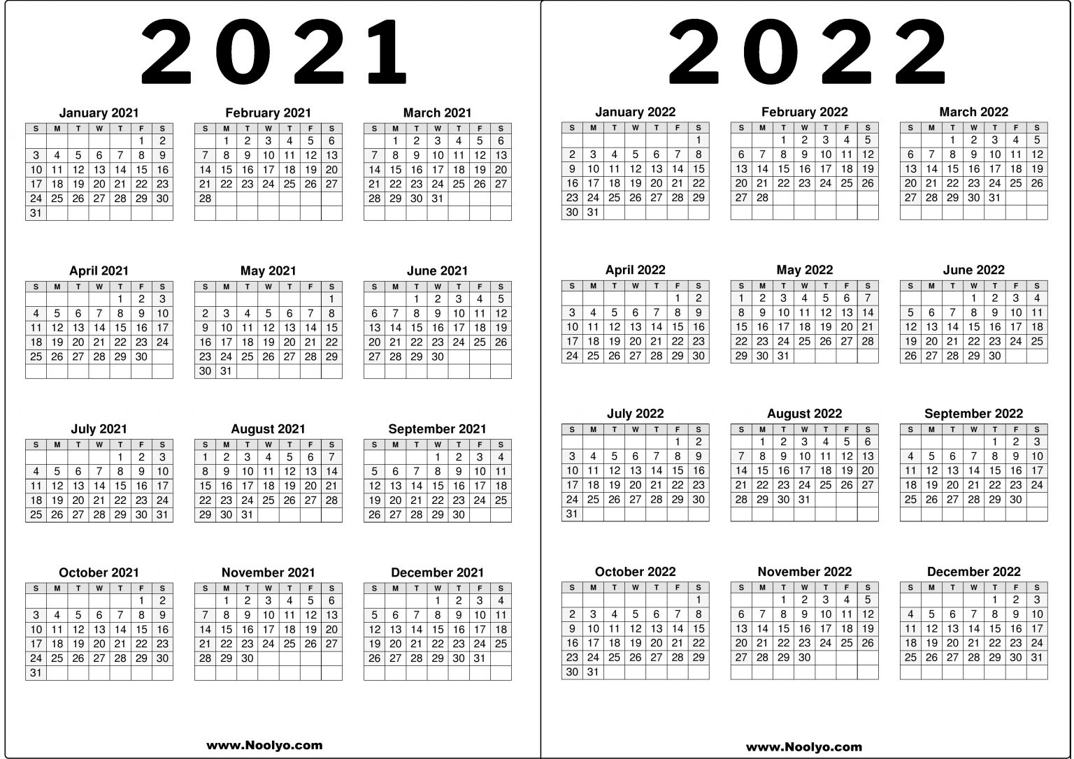 2021 and 2022 Calendar Printable Free - Noolyo.com