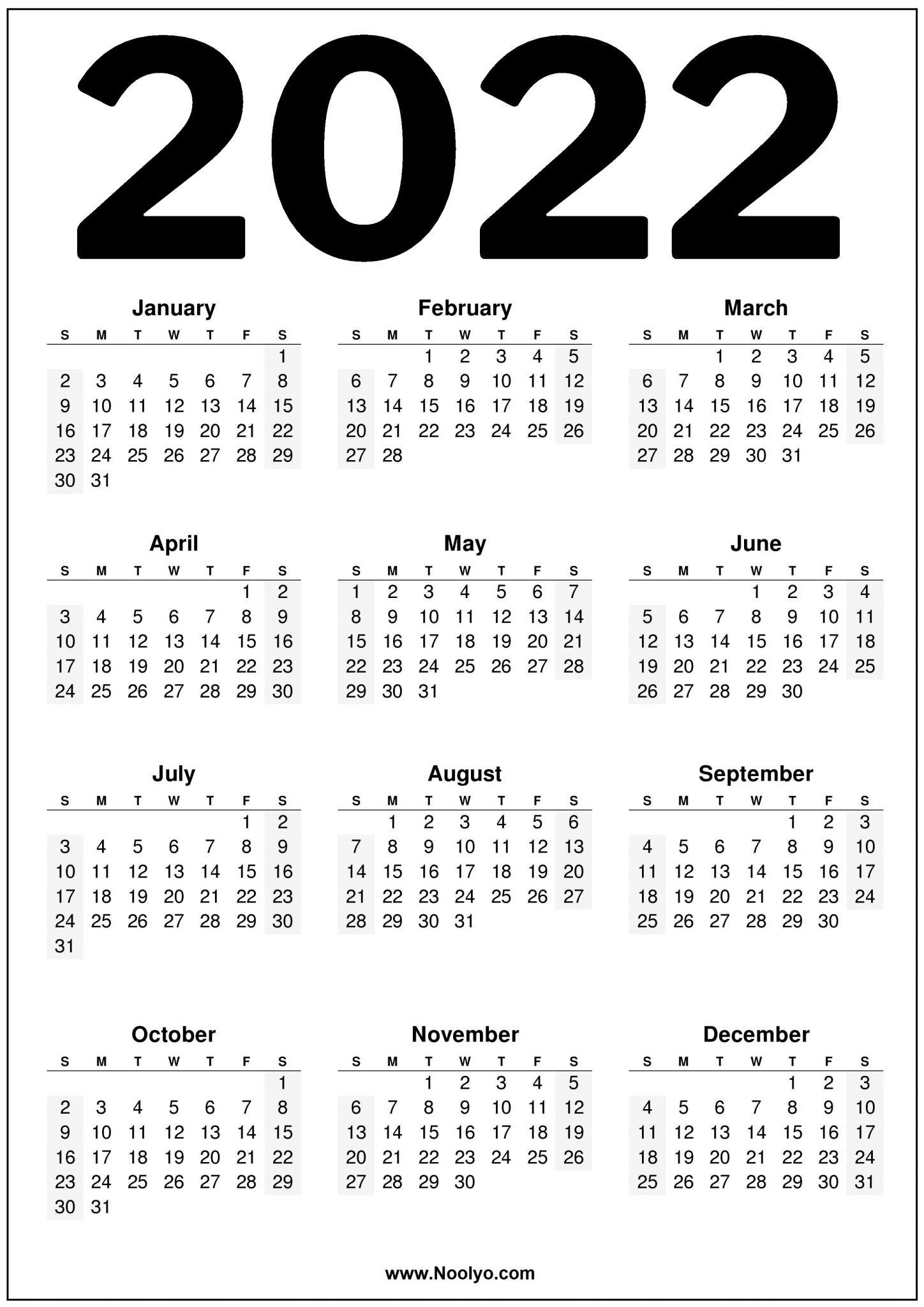 2022 Calendar US Printable – Black and White - Noolyo.com