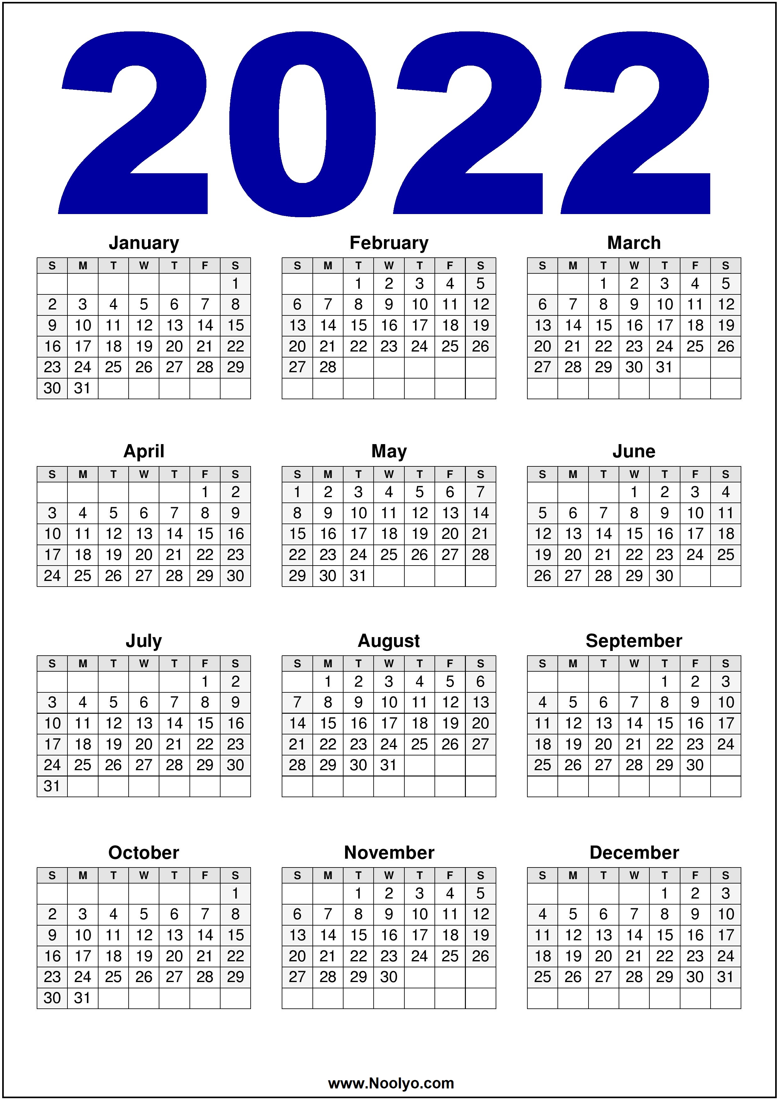 2022 Calendar US Printable - Download Free - Noolyo.com