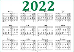 Green 2022 Calendar Printable A4 Size - Noolyo.com