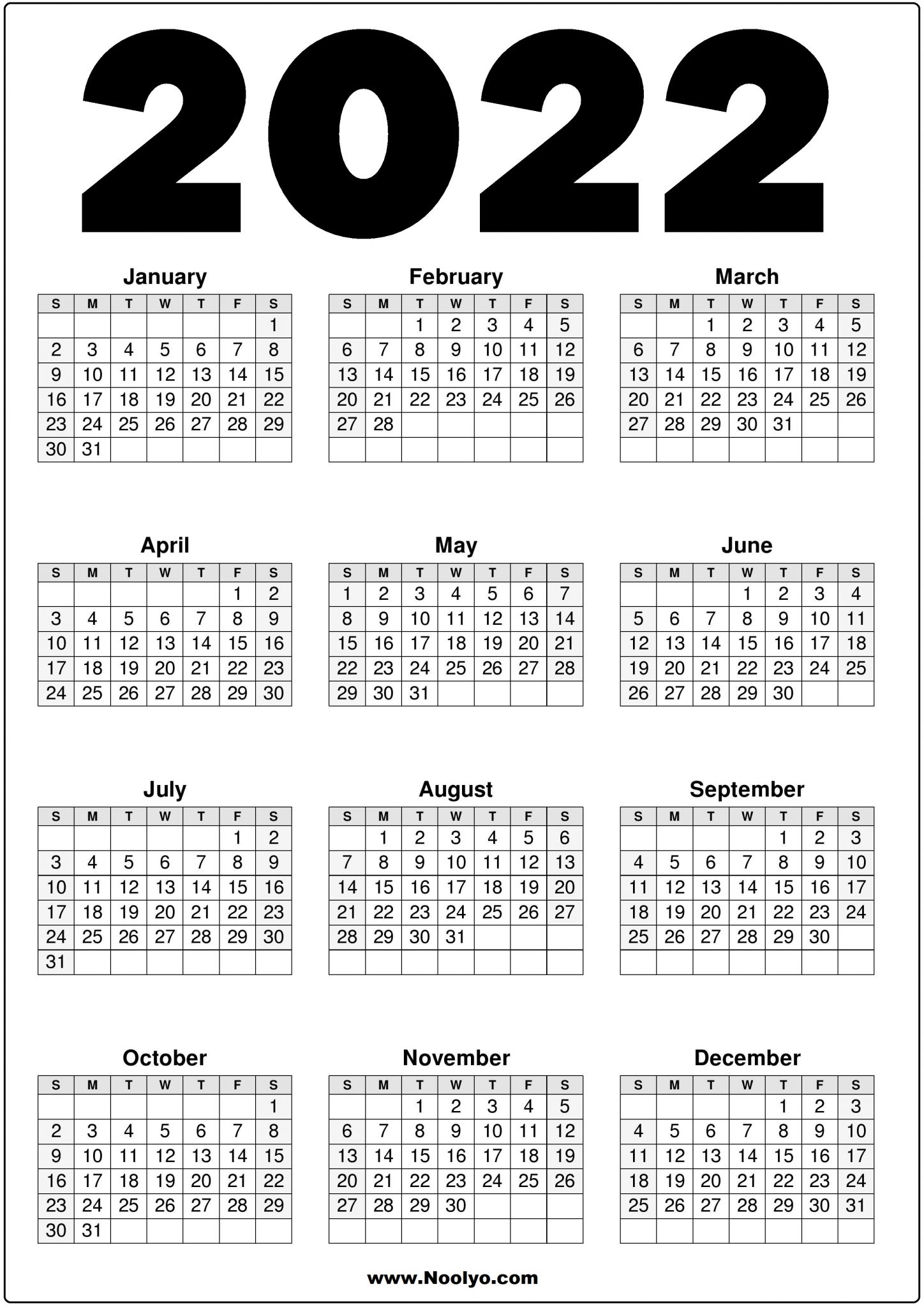 2022 calendar printable black and white noolyocom