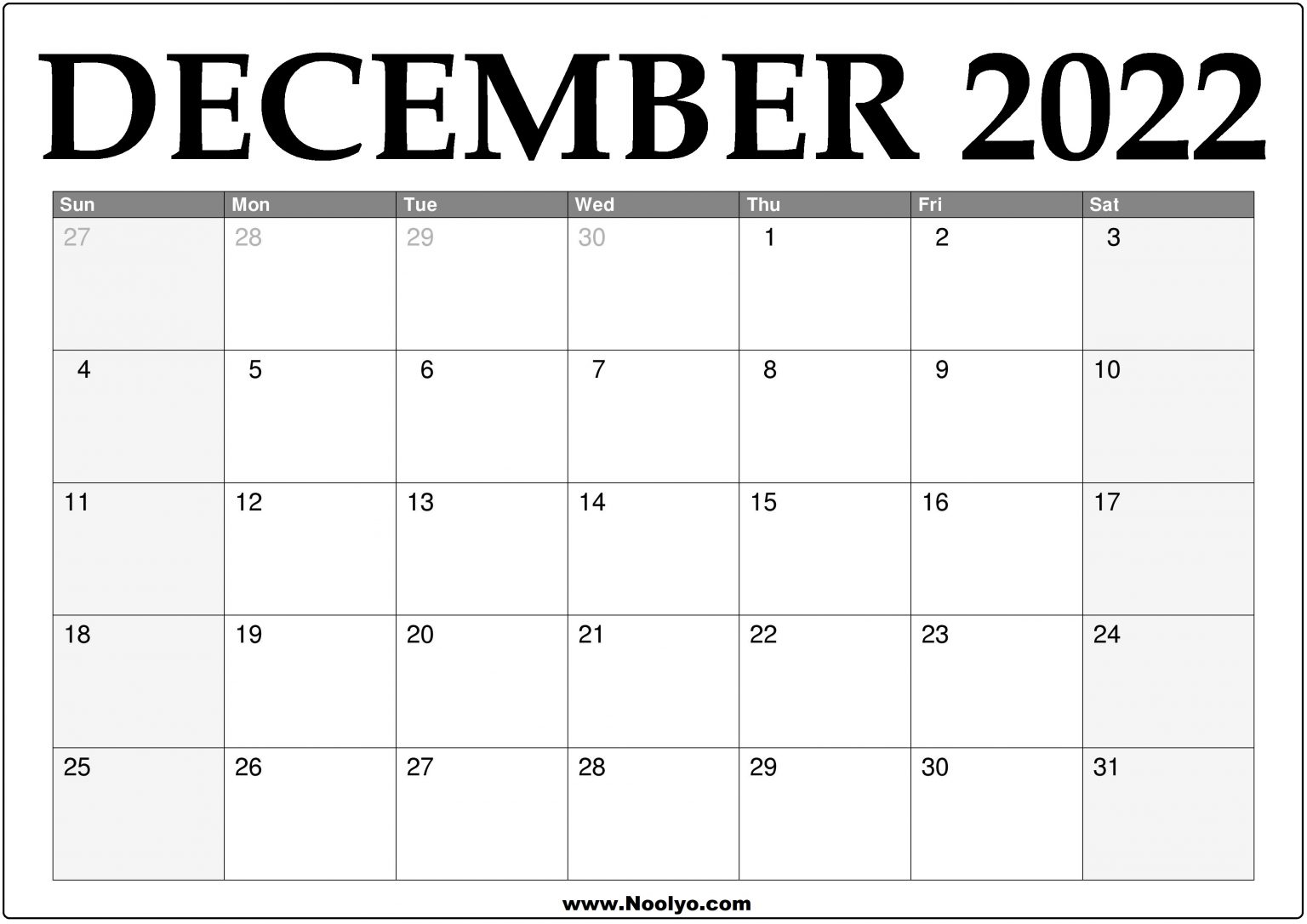 2022 December Calendar Printable – Download Free - Noolyo.com