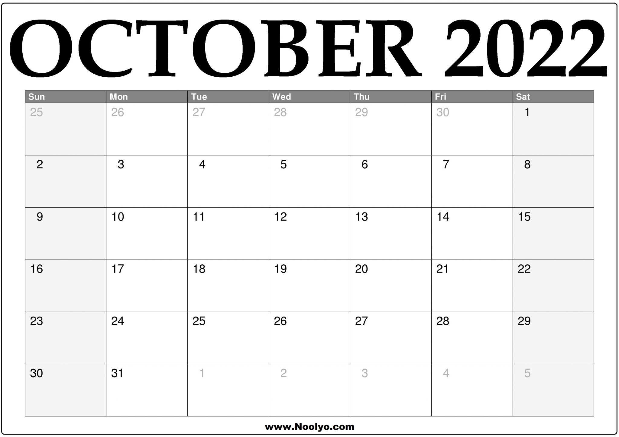 2022 October Calendar Printable – Download Free - Noolyo.com Calendars