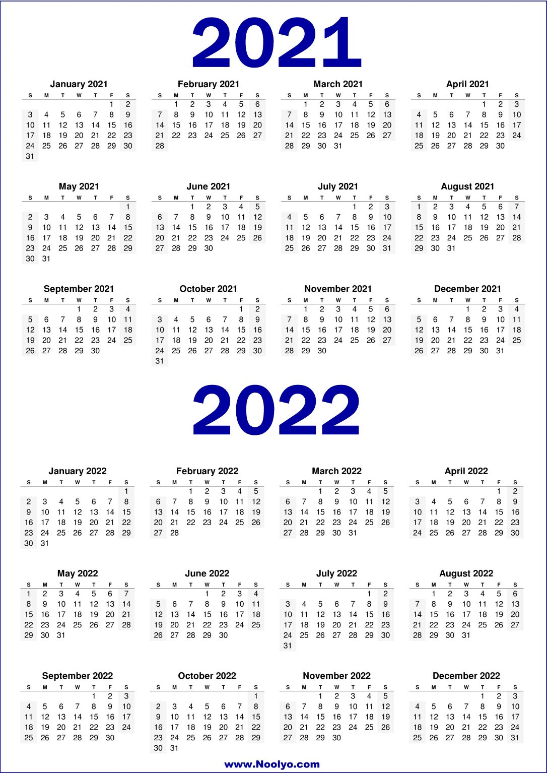 2 Year 2021 and 2022 Calendar Printable - Noolyo.com