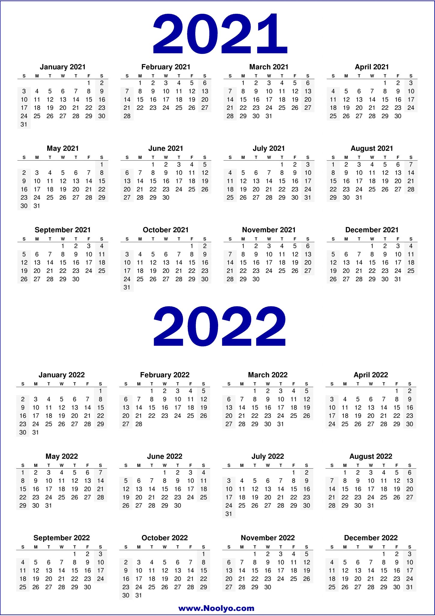 2 Year 2021 and 2022 Calendar Printable - Noolyo.com