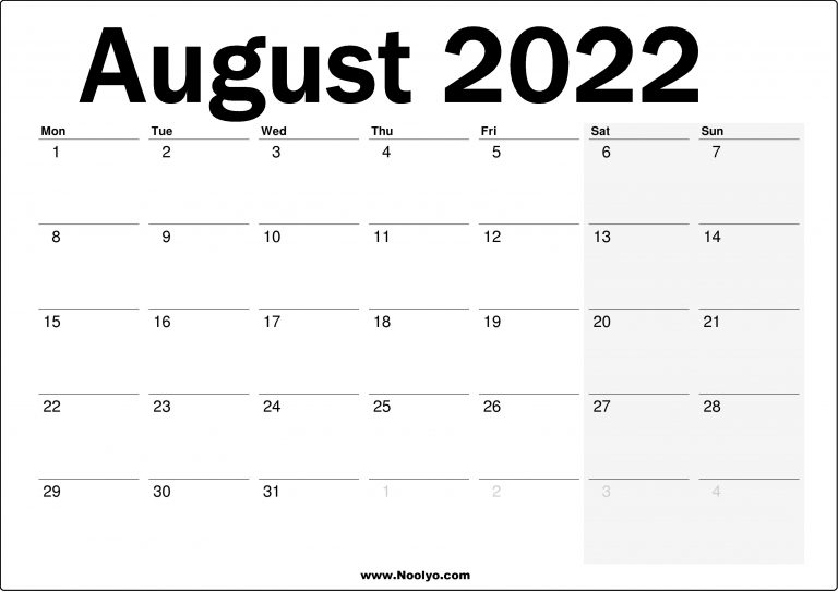 2022 Uk August Calendar Printable - Noolyo.com