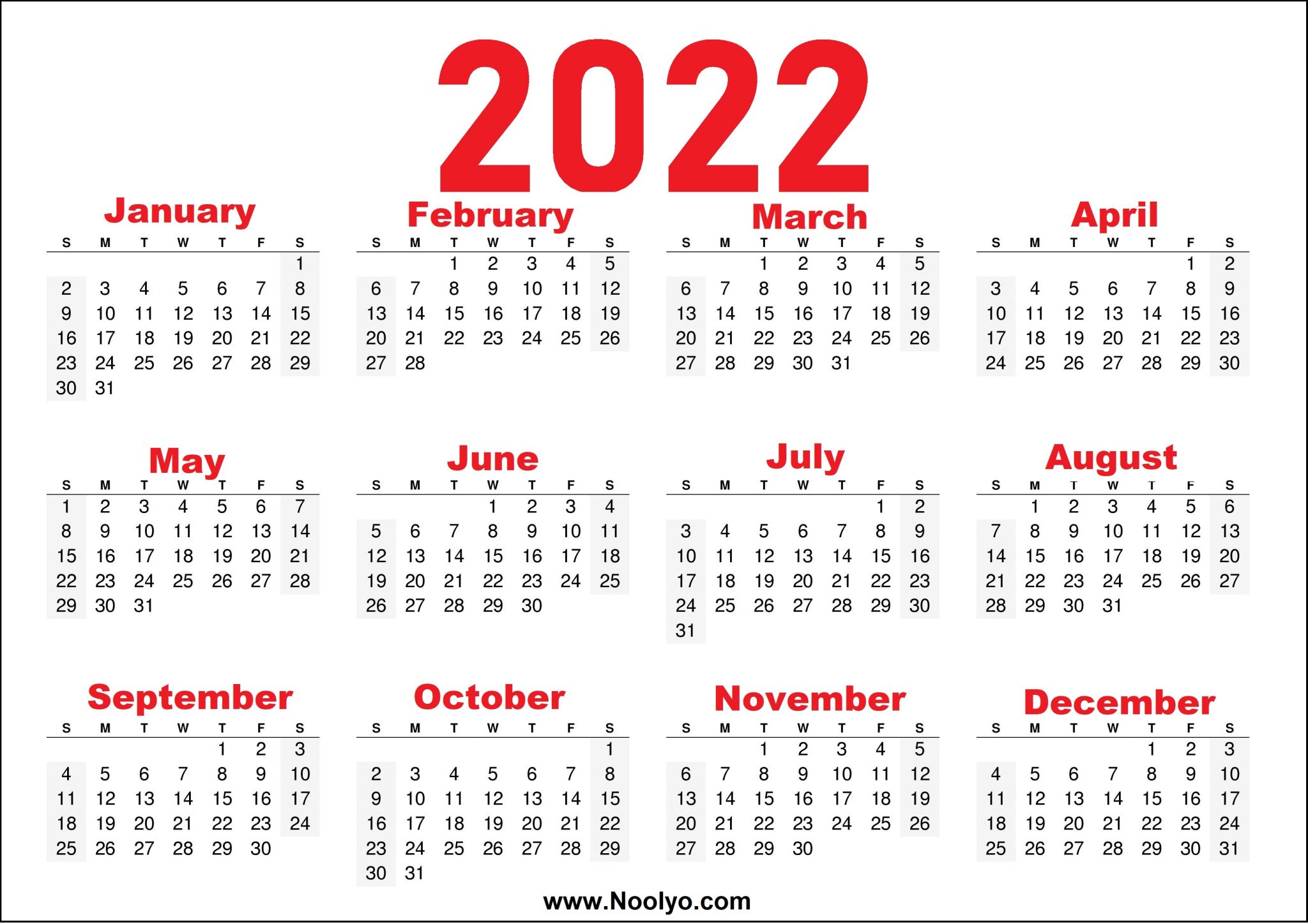 Printable 2022 Calendar A4 Size Red