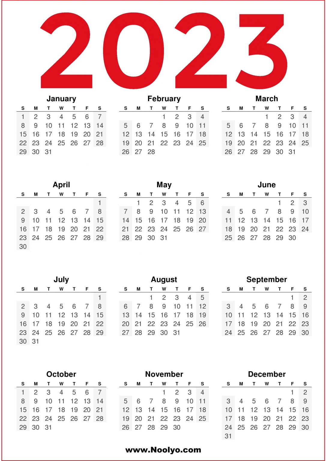 Calendar 2023 Free Printable - Noolyo.com