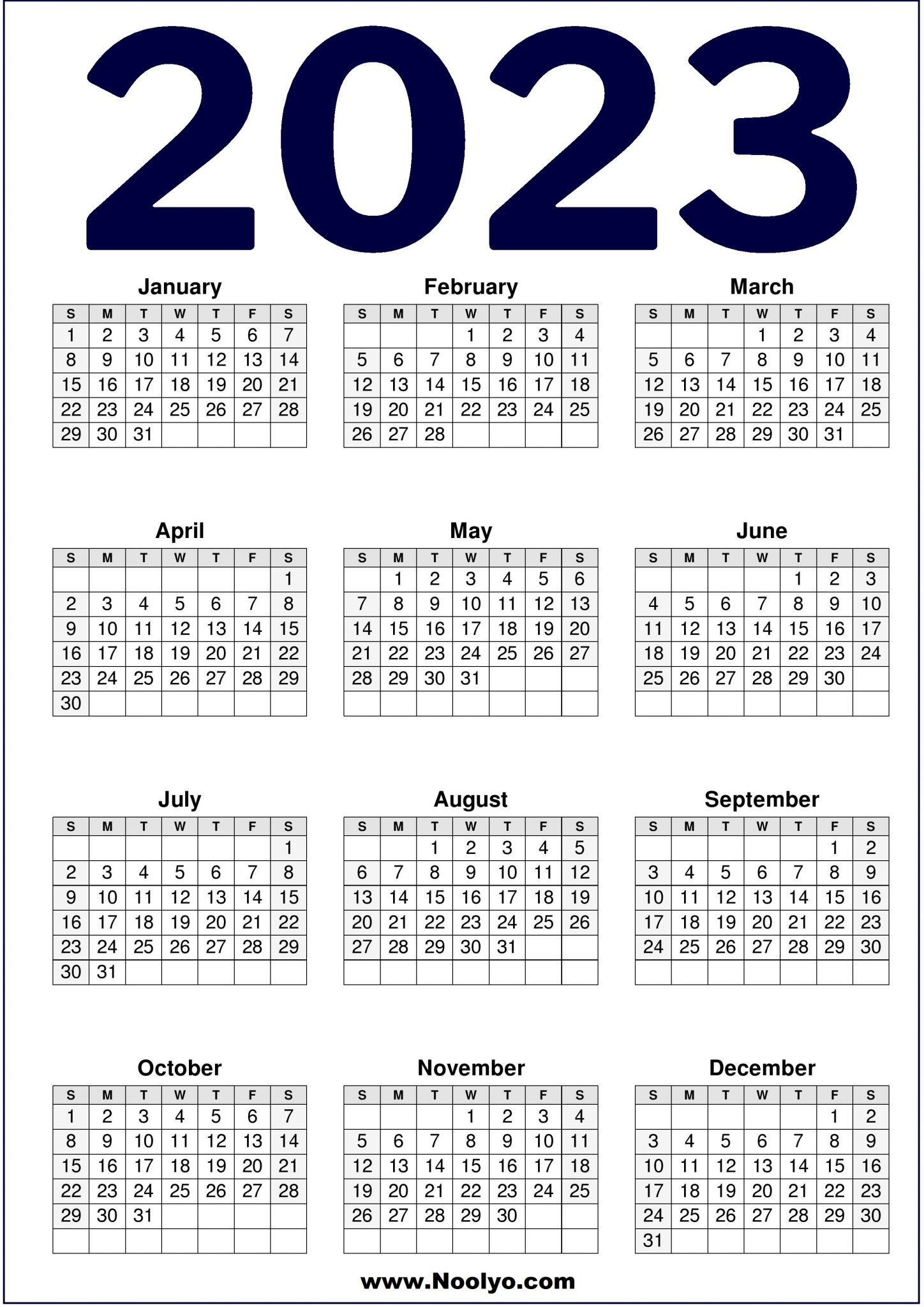 2023 Printable US Calendar - Noolyo.com
