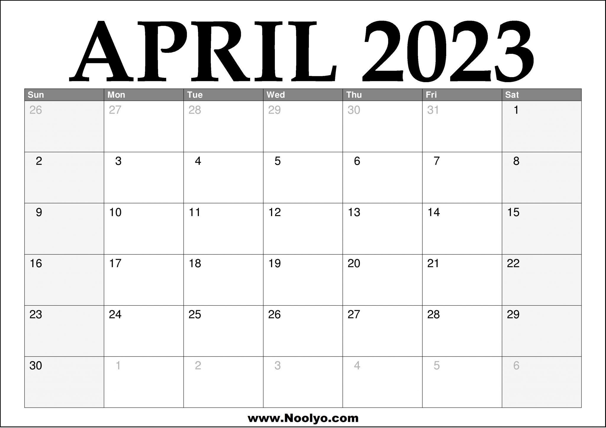 2023 April Printable Calendar - Noolyo.com
