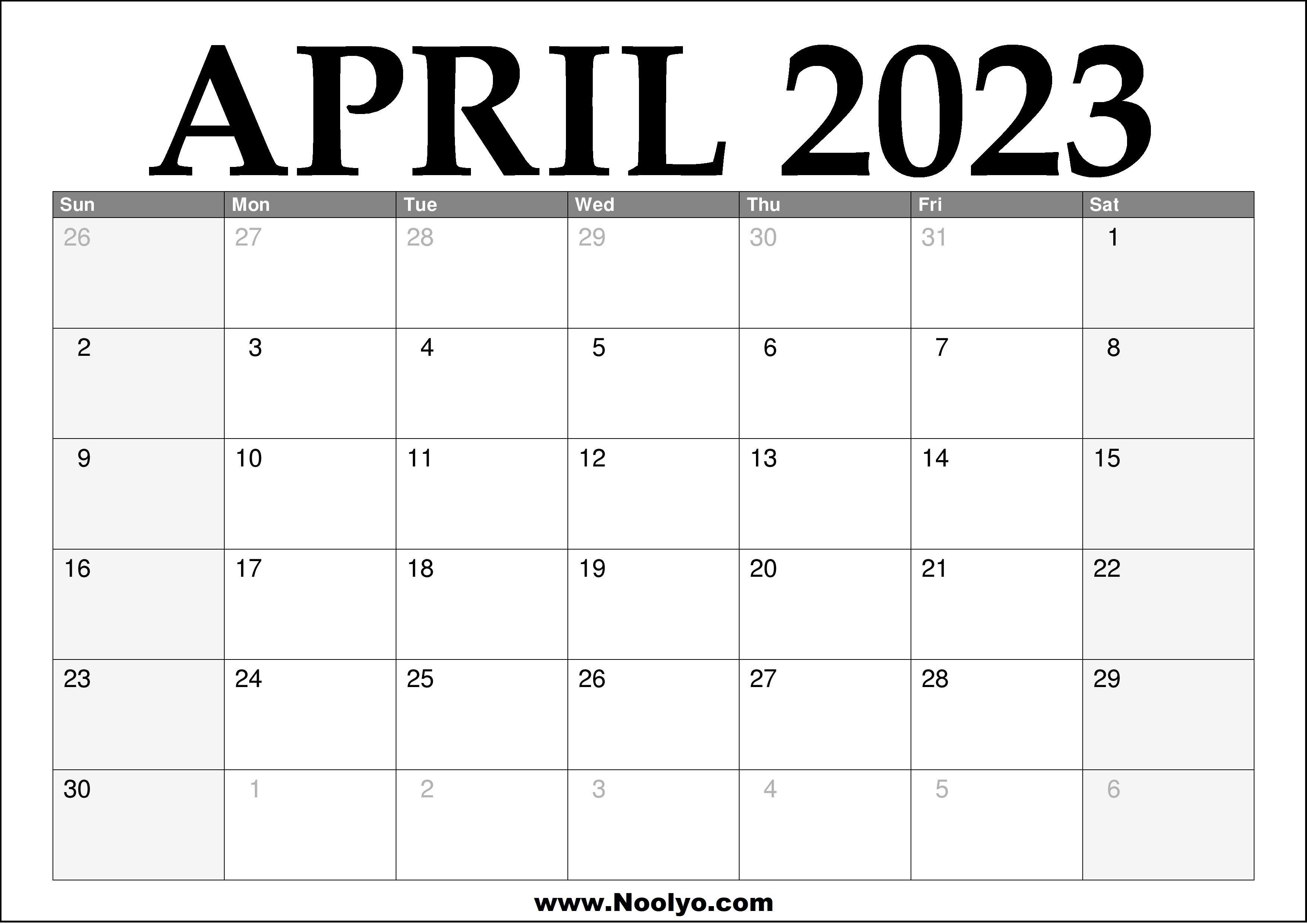 2023 April Printable Calendar Noolyo