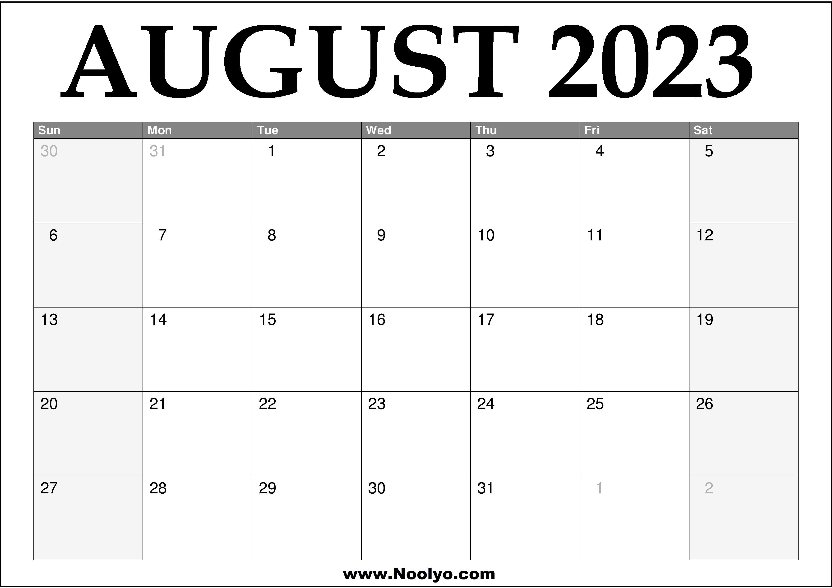 2023 August Printable Calendar Noolyo