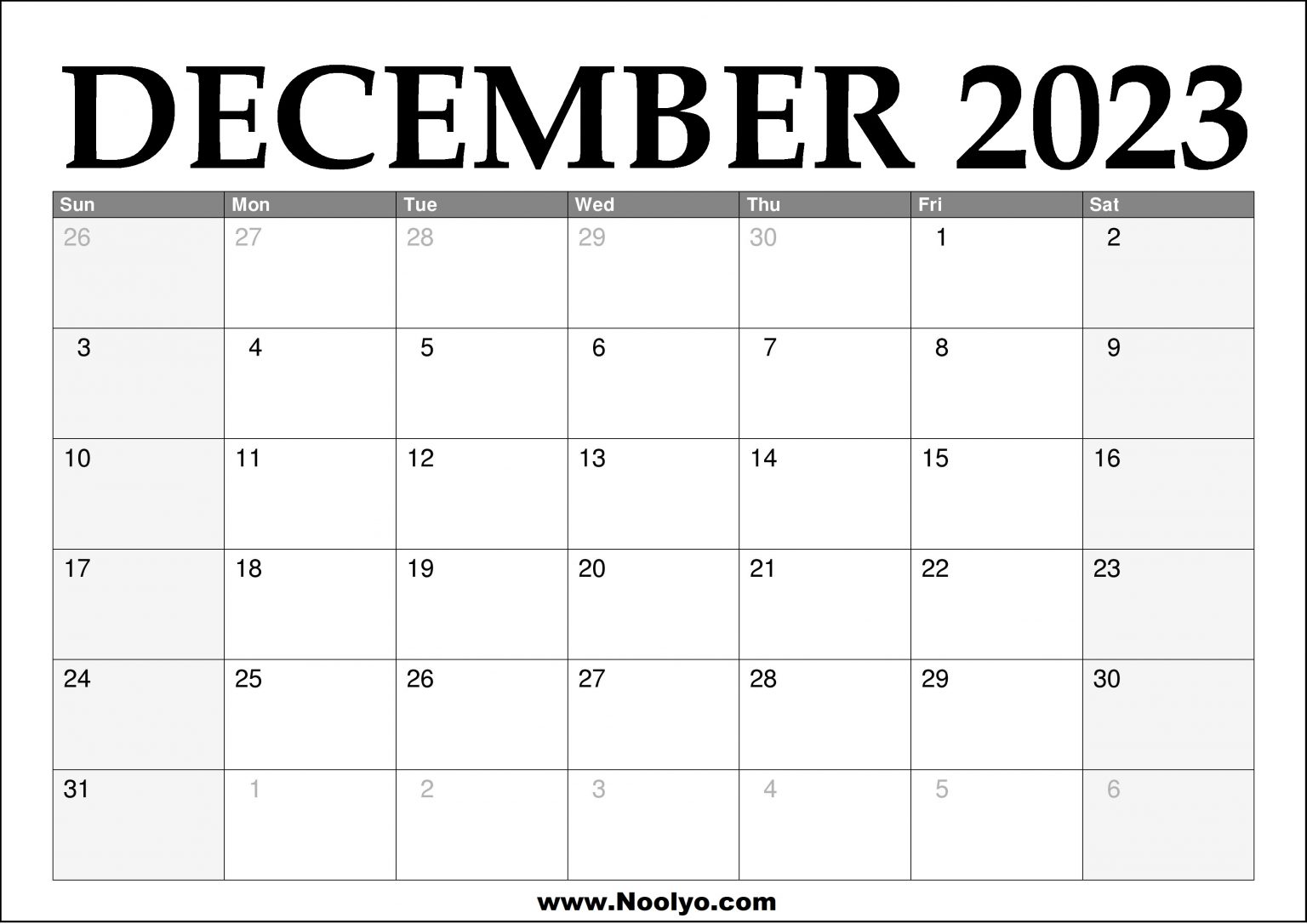 2023 December Printable Calendar Noolyo