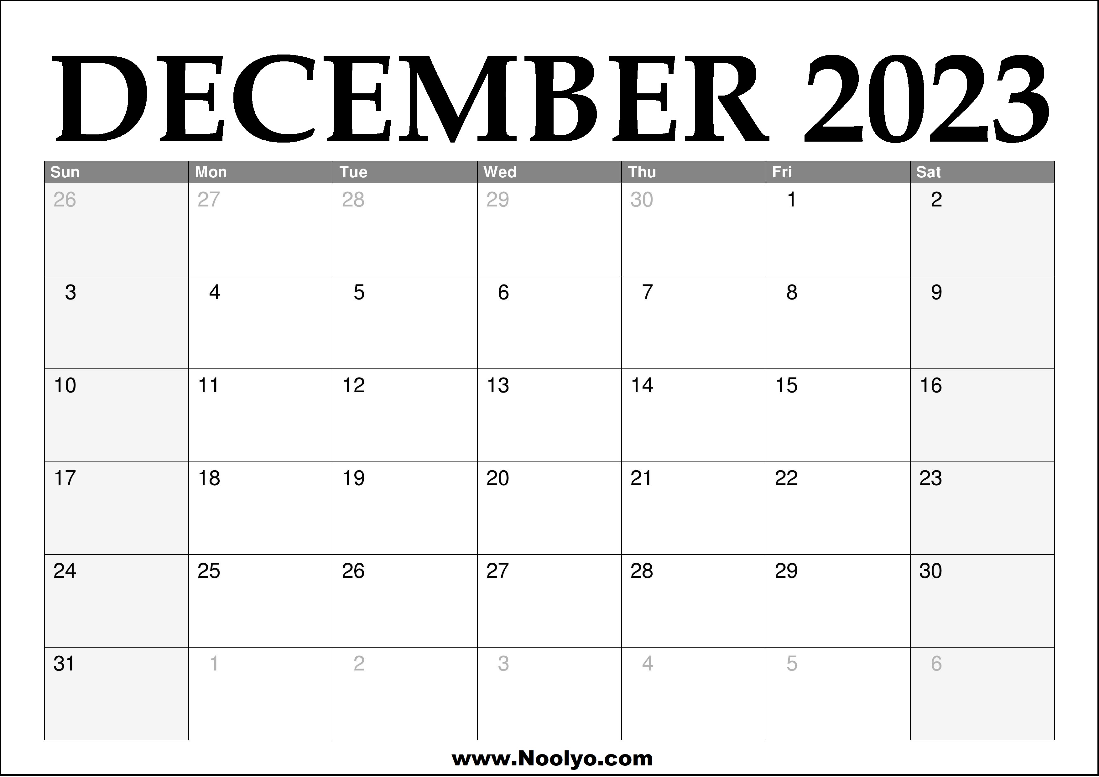 2023 December Printable Calendar Noolyo