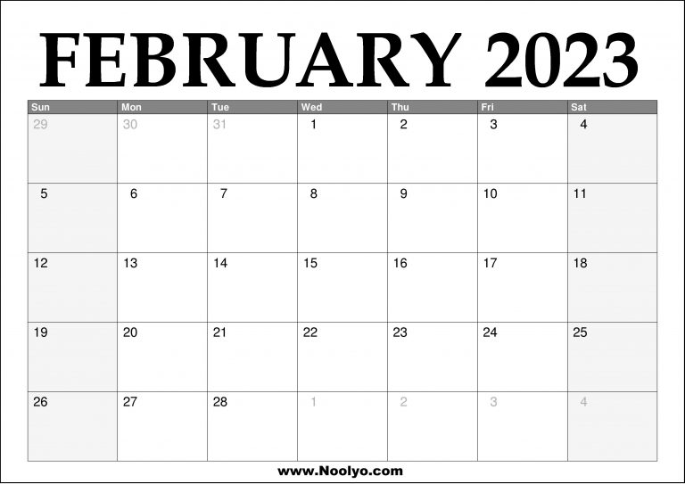 2023 February Printable Calendar - Noolyo.com Calendars Printable