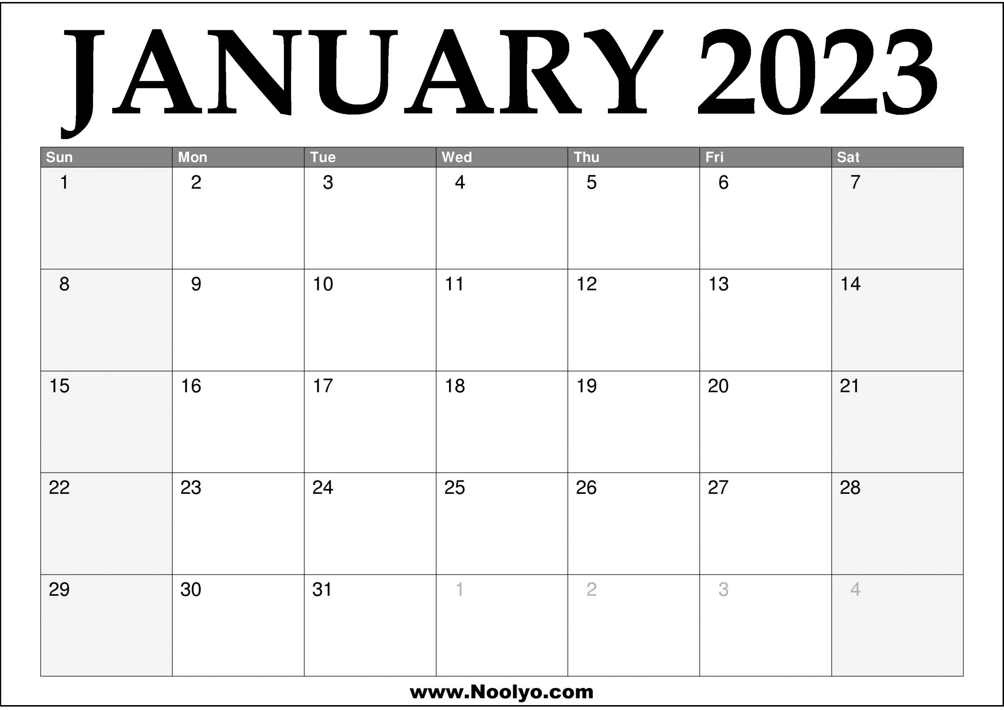 2023 January Calendar Printable Noolyo