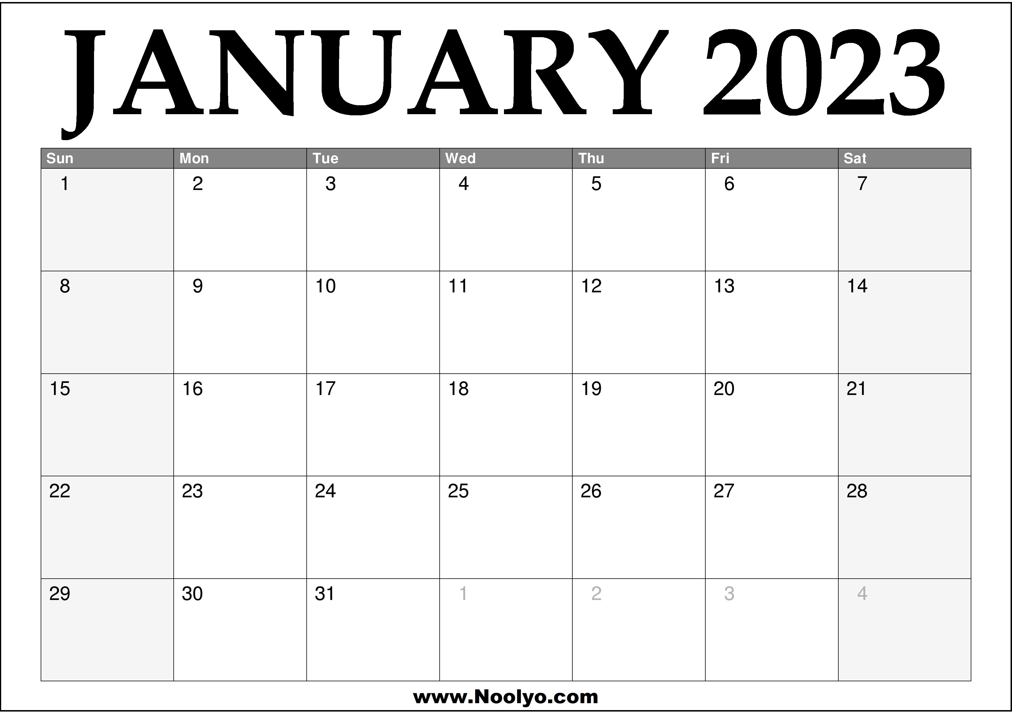 2023 January Calendar Printable Noolyo