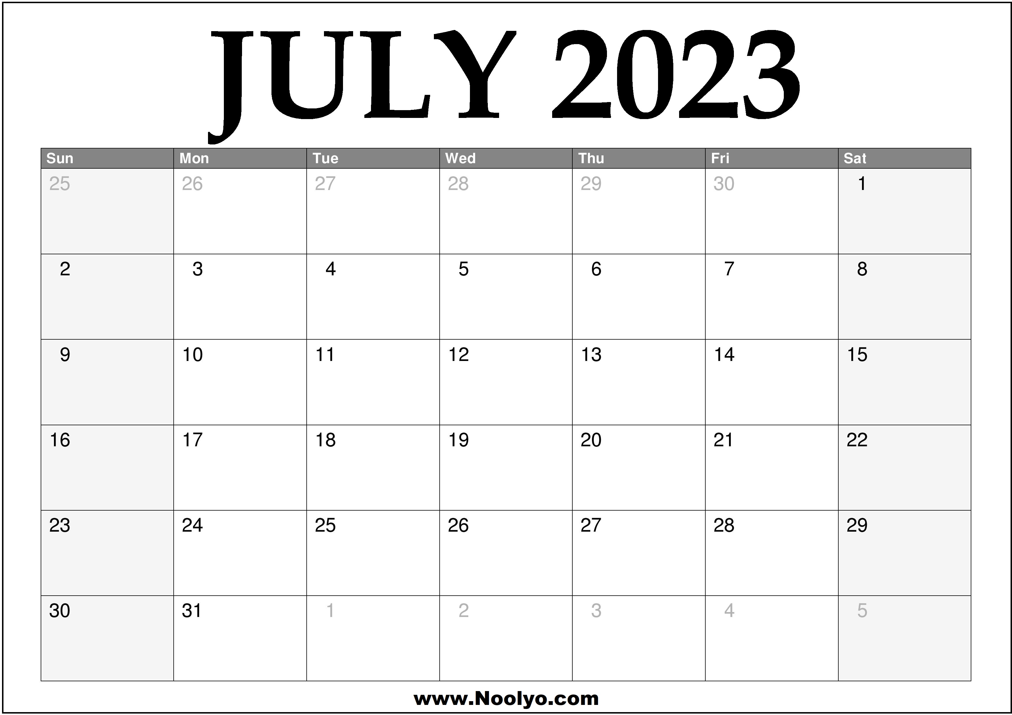 2023 July Calendar Printable - Noolyo.com Calendars Printable