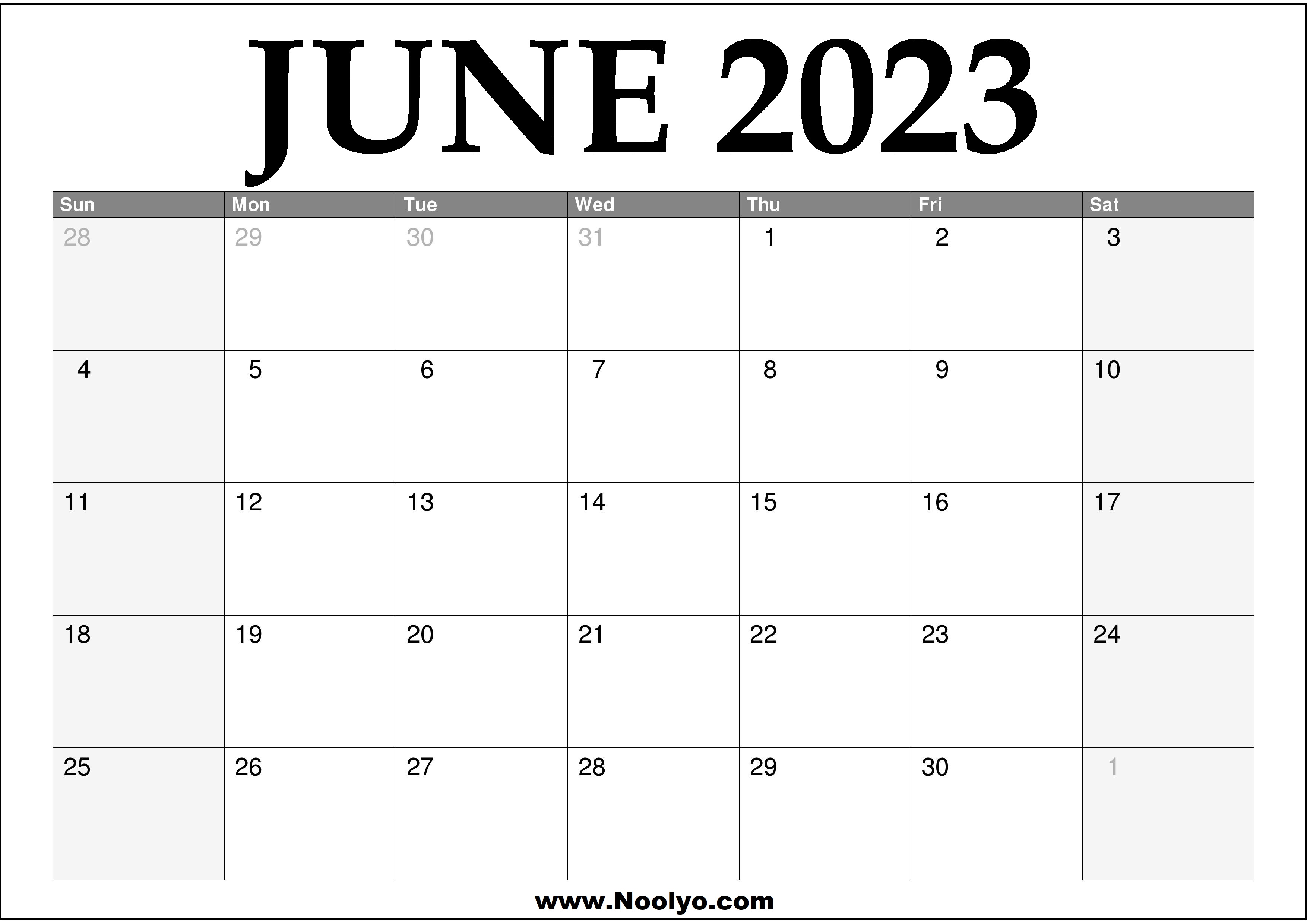 2023 June Printable Calendar Noolyo