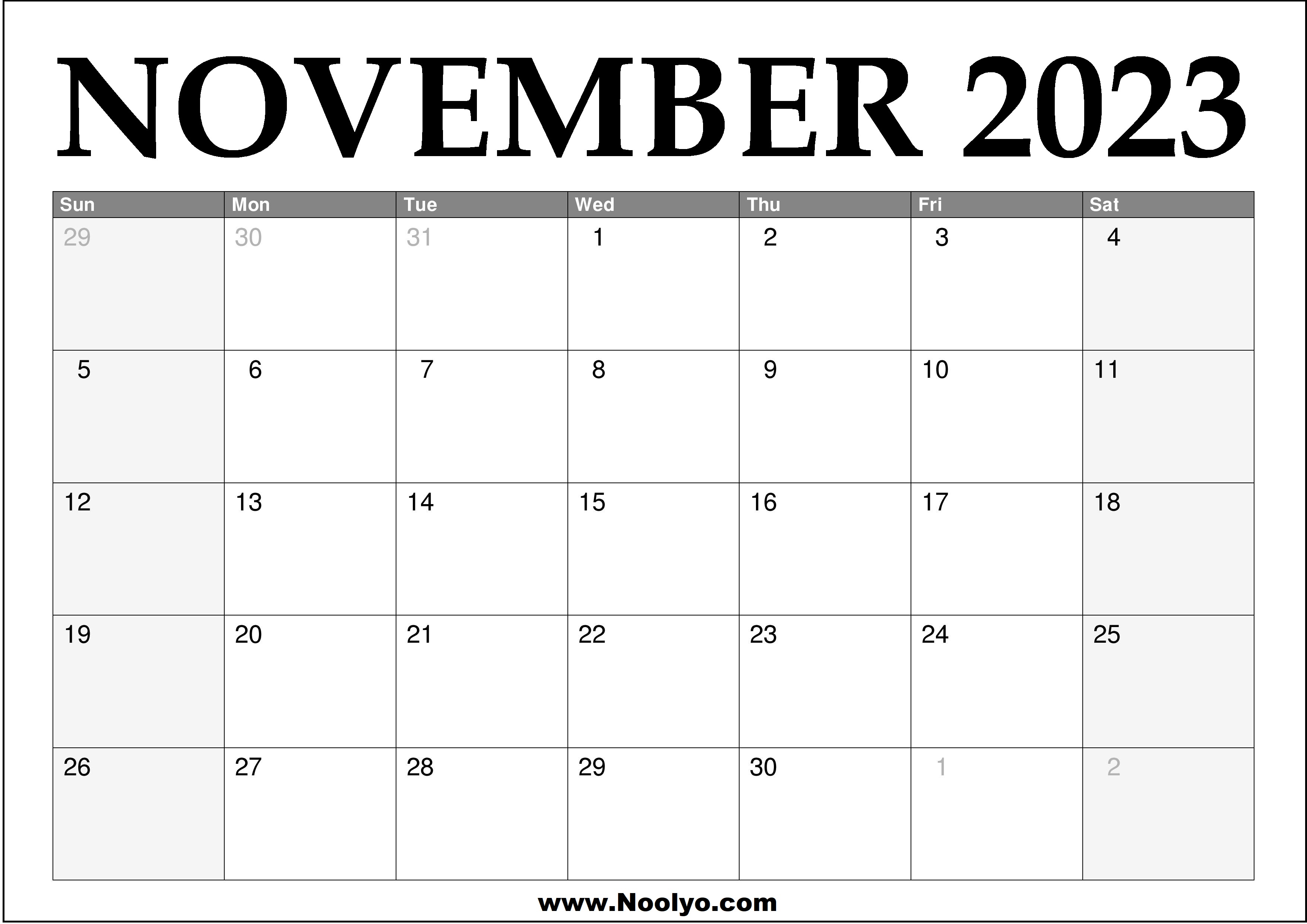 2023 November Calendar Printable Noolyo com