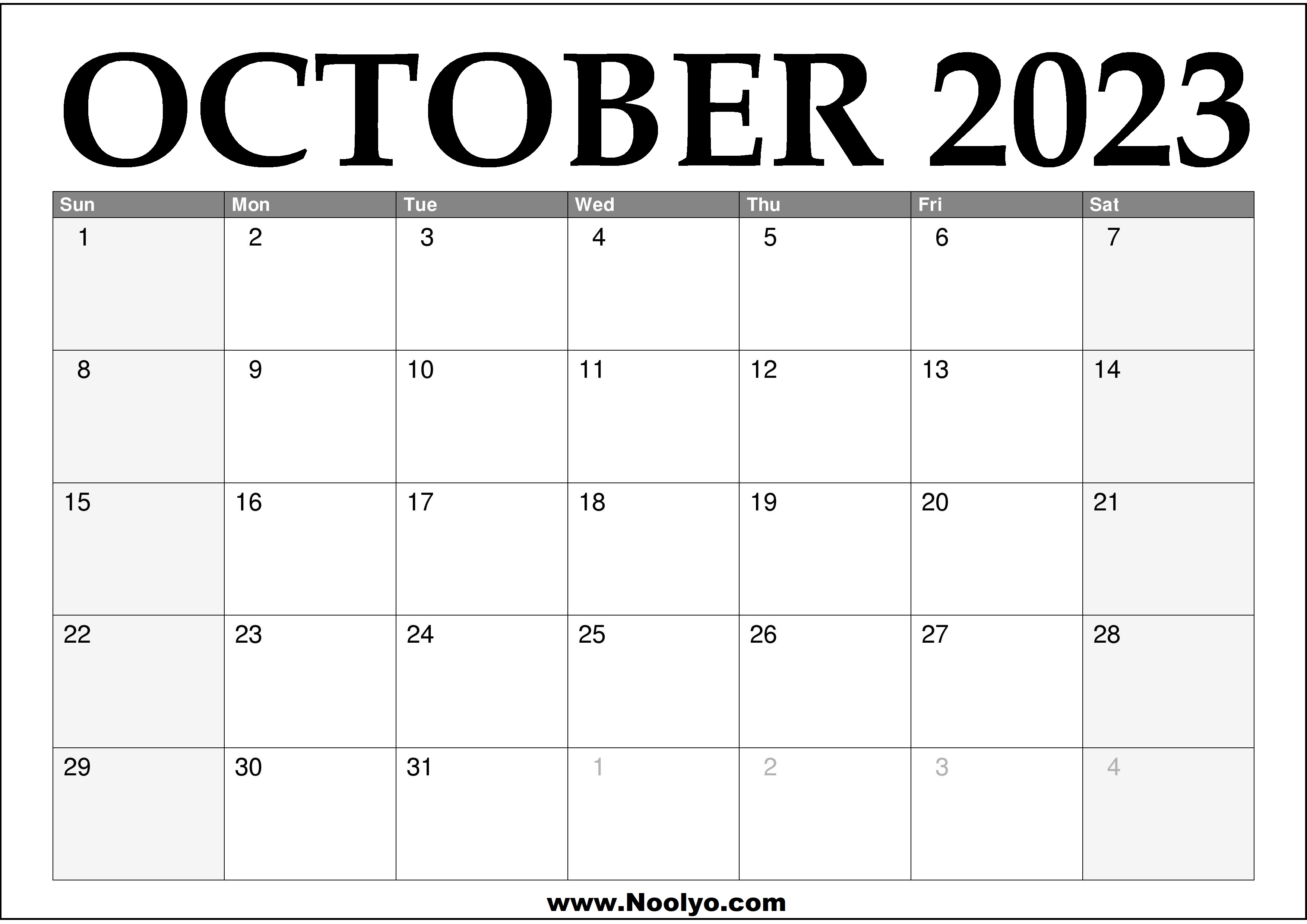 2023 October Printable Calendar Noolyo