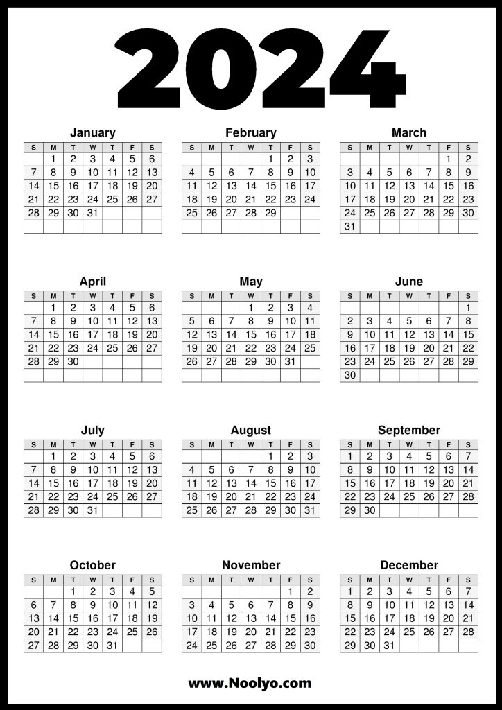 2024 Calendar Printable A4 Size Noolyo